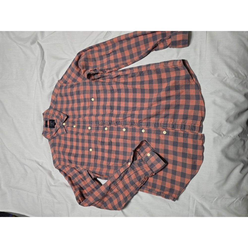 J Crew Shirt Mens Large Orange Gray Plaid Flannel Slim Fit Button Down Casual